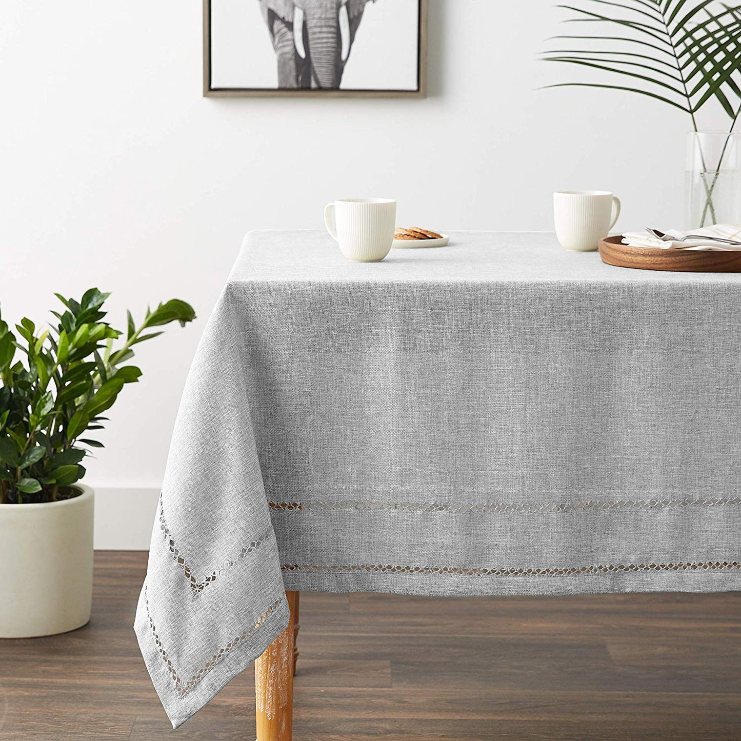 Hem Stitch Embroidered Vintage Design Tablecloth White 54" by 72" Oblong / Rectangle
