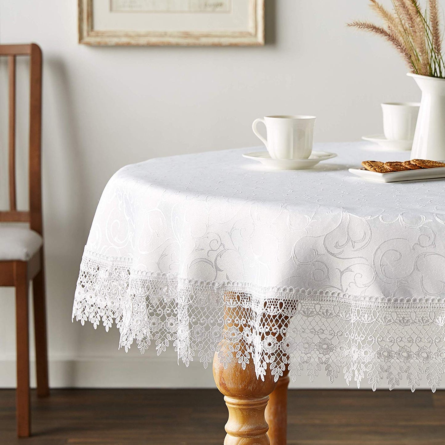 Violet Linen Flower Bow Vintage Lace Pattern, Polyester Damask Jacquard, White, 70 Inch by 198 Inch, Seats 18 to 20 people, Rectangular Tablecloths