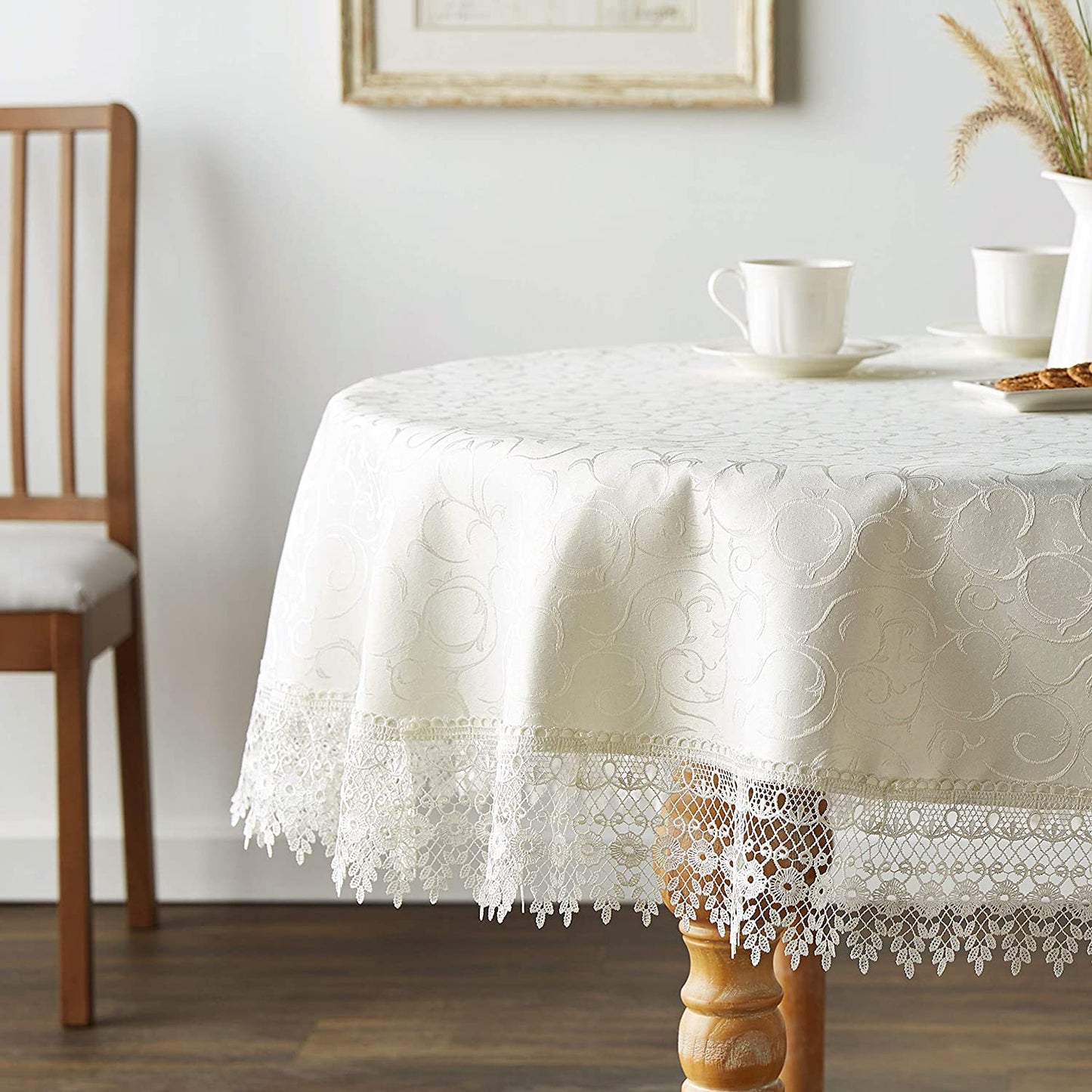 Violet Linen Flower Bow Vintage Lace Pattern, Polyester Damask Jacquard, White, 70 Inch by 198 Inch, Seats 18 to 20 people, Rectangular Tablecloths