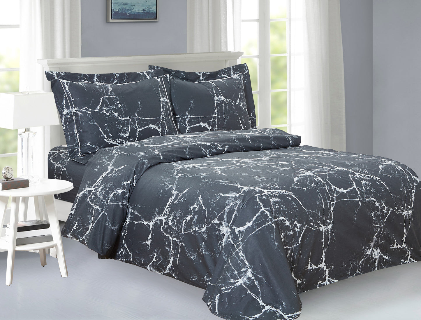 Violet Linen French Marble Pattern, Luxury Ultra Soft 200 Thread Count Cotton Percale, Black, Twin 39-inch, 6 Piece Duvet Set, Bedding Duvet Cover Set for Two Beds