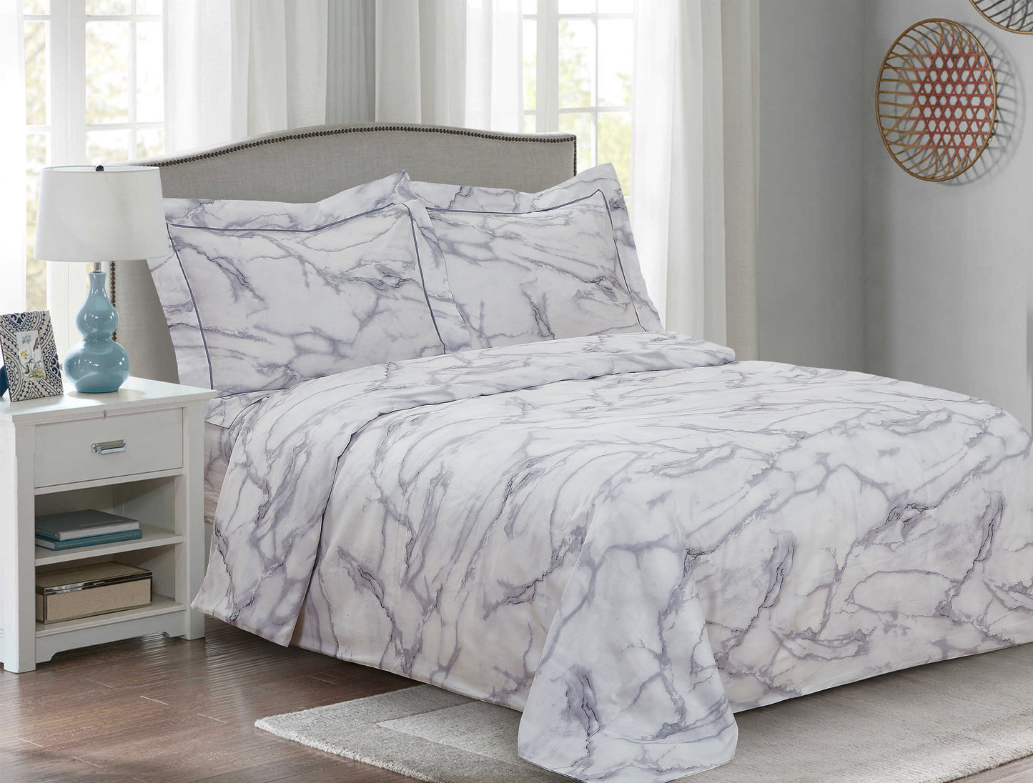 Violet Linen French Marble Pattern, Luxury Ultra Soft 200 Thread Count Cotton Percale, Black, Twin 39-inch, 6 Piece Duvet Set, Bedding Duvet Cover Set for Two Beds