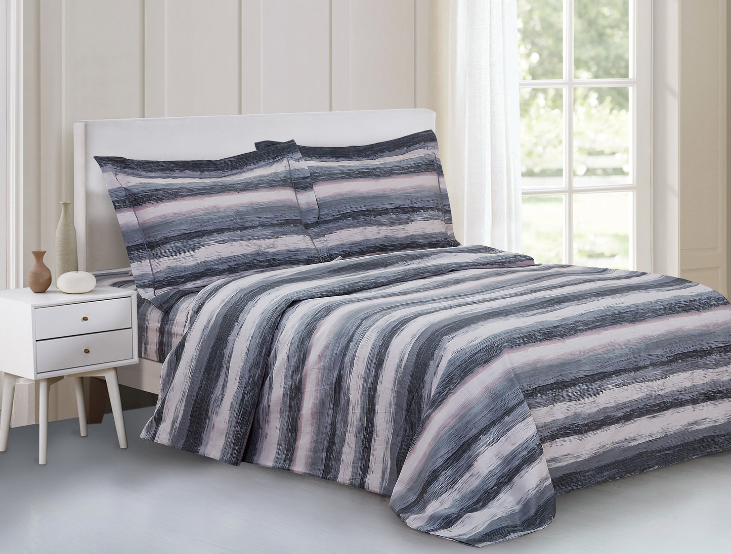 Violet Linen French Marble Pattern, Luxury Ultra Soft 200 Thread Count Cotton Percale, Black, Twin 39-inch, 6 Piece Duvet Set, Bedding Duvet Cover Set for Two Beds