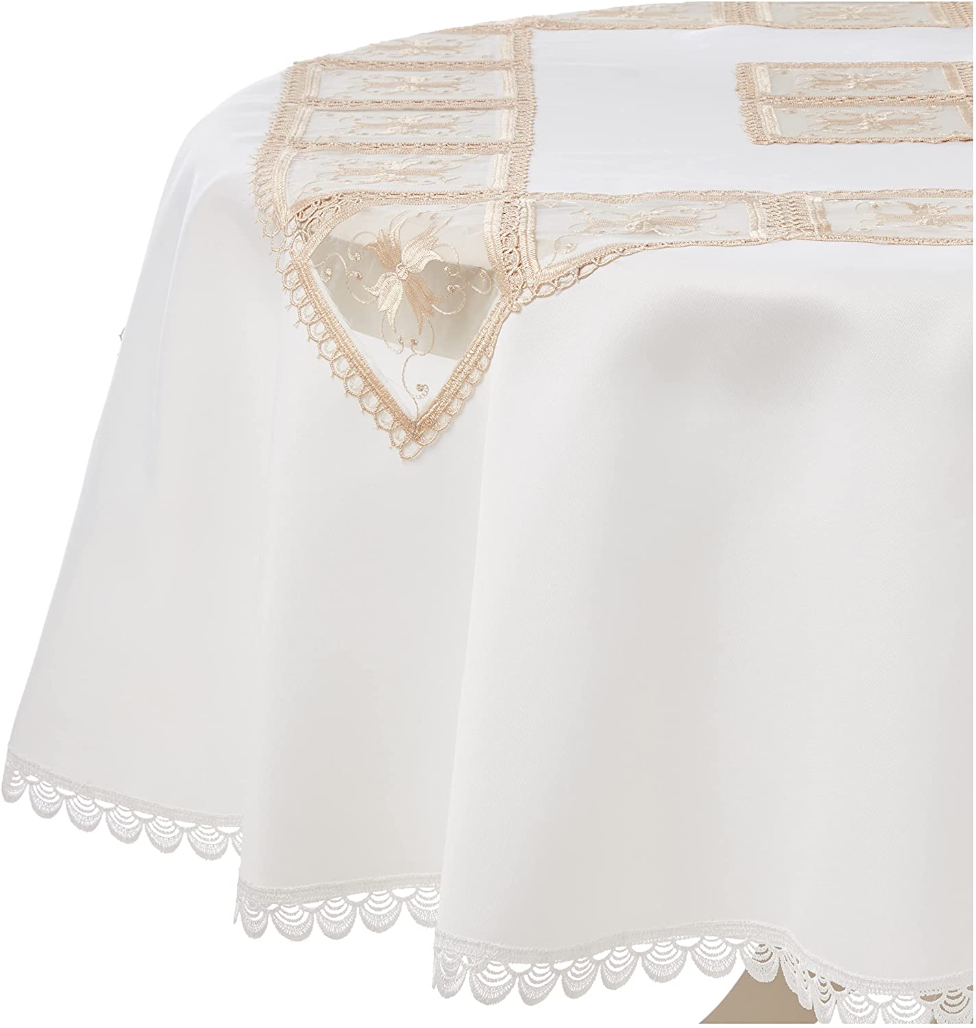 Violet Linen Emerald Roses Lace Pattern, Polyester Embroidered, Cutwork, Ivory, 52 Inch by 70 Inch, Seats 4 to 6 people, Rectangular Tablecloths