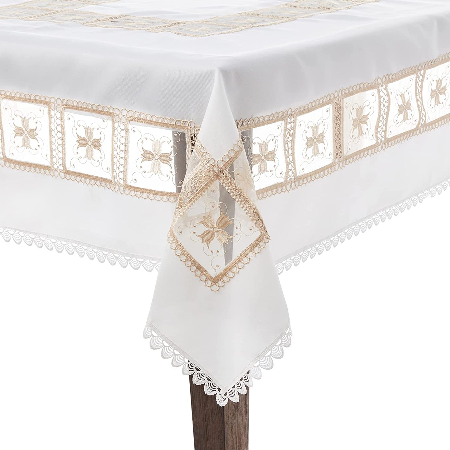 Violet Linen Emerald Roses Lace Pattern, Polyester Embroidered, Cutwork, Ivory, 52 Inch by 70 Inch, Seats 4 to 6 people, Rectangular Tablecloths