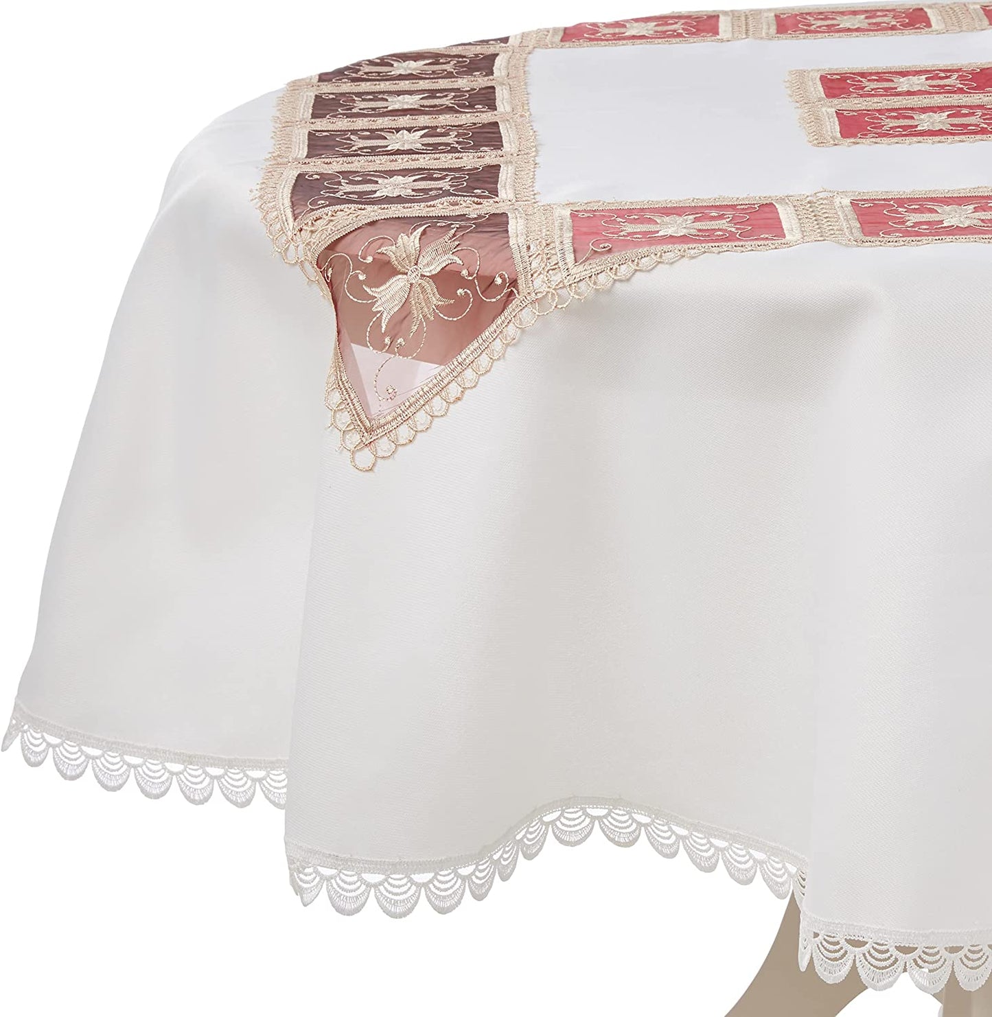 Violet Linen Emerald Roses Lace Pattern, Polyester Embroidered, Cutwork, Ivory, 52 Inch by 70 Inch, Seats 4 to 6 people, Rectangular Tablecloths