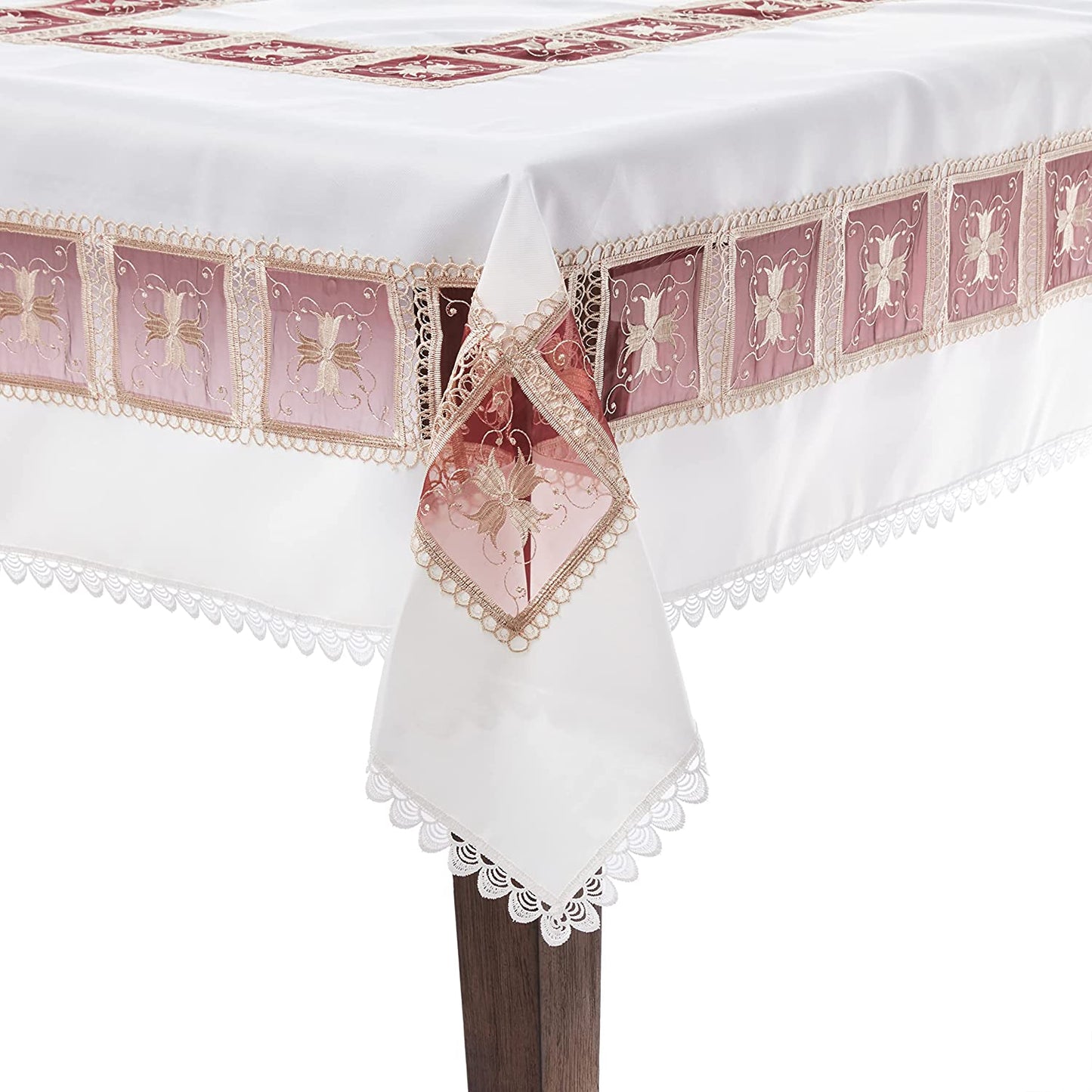 Violet Linen Emerald Roses Lace Pattern, Polyester Embroidered, Cutwork, Ivory, 52 Inch by 70 Inch, Seats 4 to 6 people, Rectangular Tablecloths
