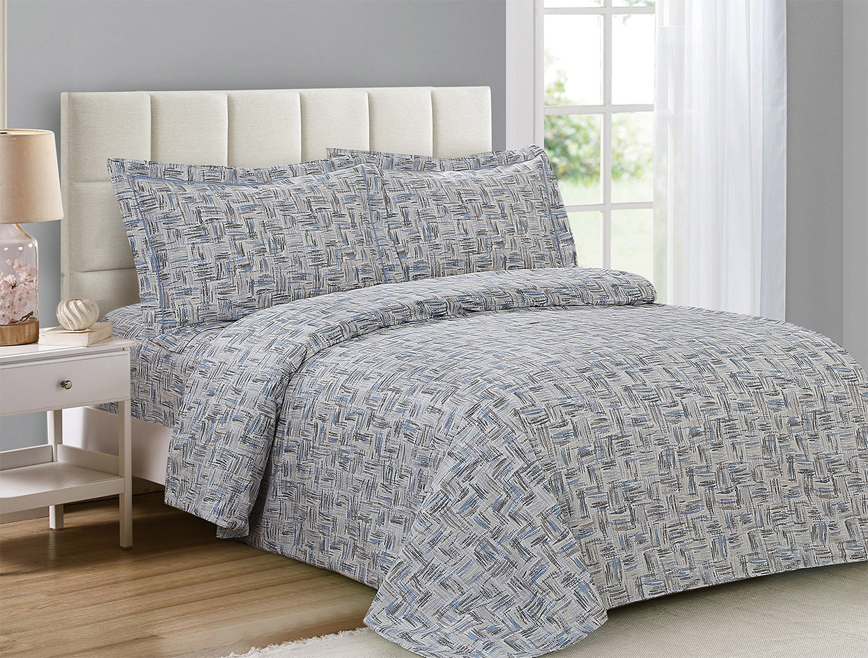 Violet Linen French Cascade Basket Weave Pattern, Luxury Ultra Soft and Breathable 200 Thread-Count Cotton Percale, Grey - Blue, Twin 39-inch, 6 Piece Duvet Set, Bedding Duvet Cover Set for Two Beds