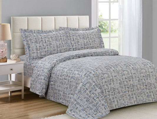 Violet Linen French Cascade Basket Weave Pattern, Luxury Ultra Soft and Breathable 200 Thread-Count Cotton Percale, Grey - Blue, Twin 39-inch, 6 Piece Duvet Set, Bedding Duvet Cover Set for Two Beds