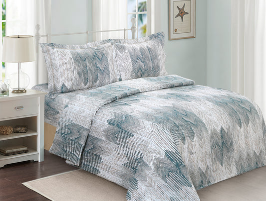 Violet Linen French Cheveron New Waves Pattern, Luxury Ultra Soft and Breathable 200 Thread-Count Cotton Percale, Aqua, Twin 39-inch, 6 Piece Duvet Set, Bedding Duvet Cover Set for Two Beds