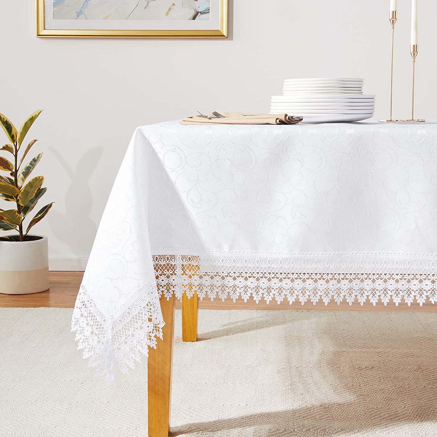 Violet Linen Flower Bow Vintage Lace Pattern, Polyester Damask Jacquard, White, 70 Inch by 198 Inch, Seats 18 to 20 people, Rectangular Tablecloths