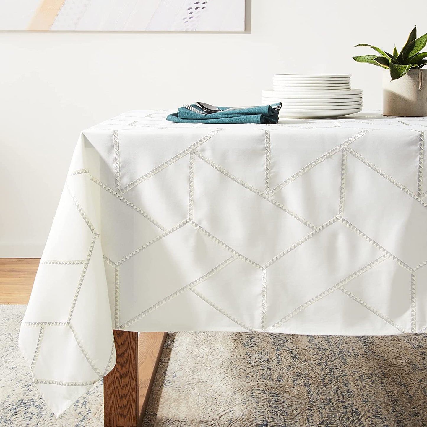 Violet Linen Swiss Modern Geometric Pattern, Polyester Embroidered, White, 52 Inch by 70 Inch, Seats 4 to 6 people, Rectangular Tablecloths