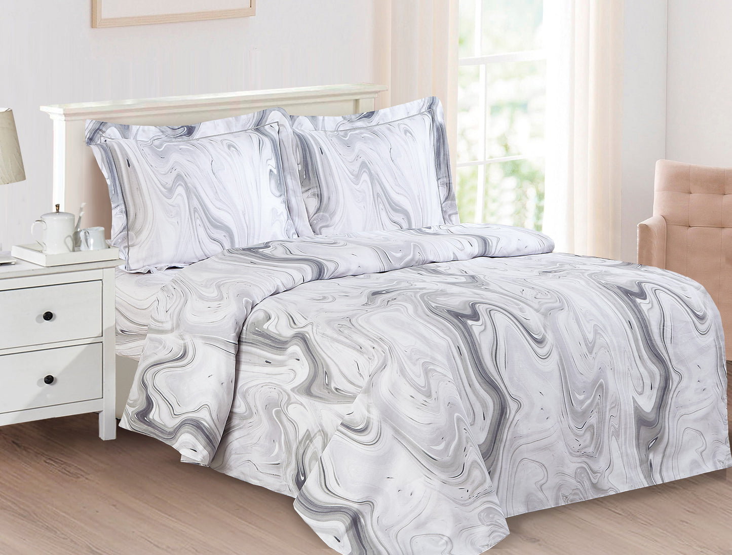 Violet Linen French Marble Pattern, Luxury Ultra Soft 200 Thread Count Cotton Percale, Black, Twin 39-inch, 6 Piece Duvet Set, Bedding Duvet Cover Set for Two Beds