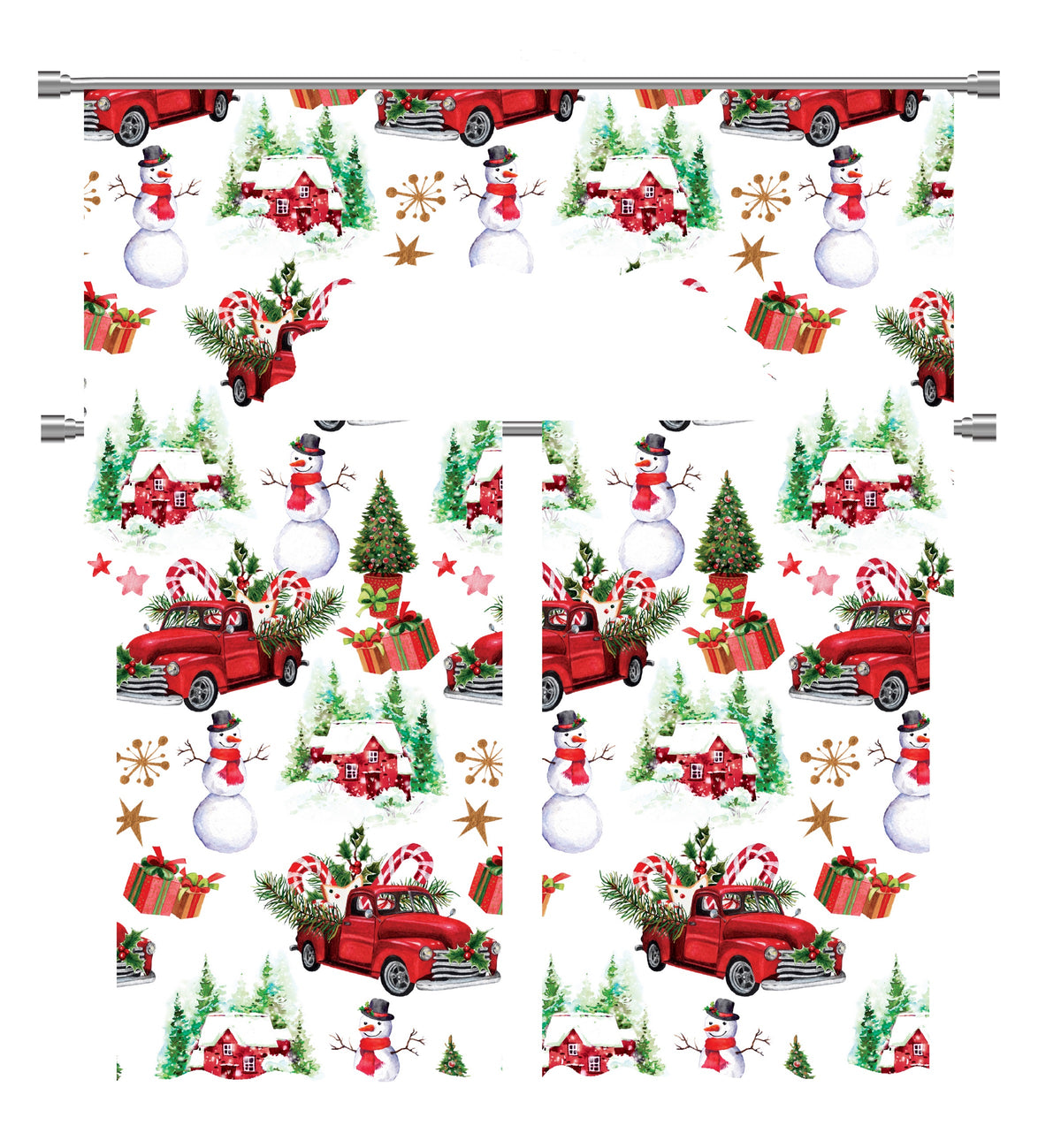 Seasonal Xmas Christmas Holiday European Attraction Frosty Delights Snowman Trucks Pattern Decorative Window Treatment Rod Pocket Kitchen Window Curtain Panel Tiers and Swag Valance