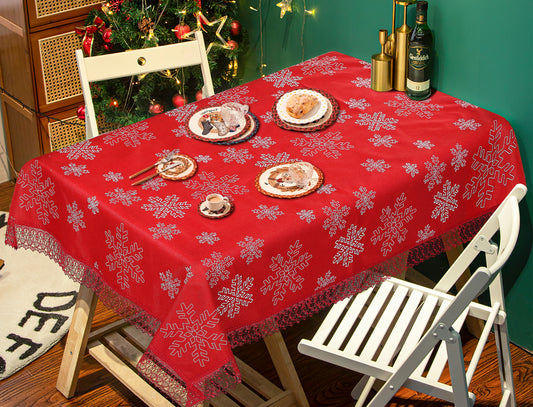Seasonal Winter Christmas Red Snowflakes, Macramé Lace Border Pattern Tablecloths