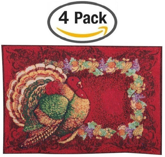 Happy Thanksgiving - Fall Harvest Tapestry, Burgundy Turkey And Colorful Flowers Decorative Place Mats