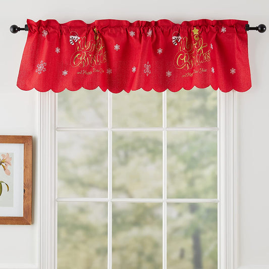Seasonal Xmas Christmas Holiday Glories Pattern Decorative Window Treatment Rod Pocket Curtain Straight Valance