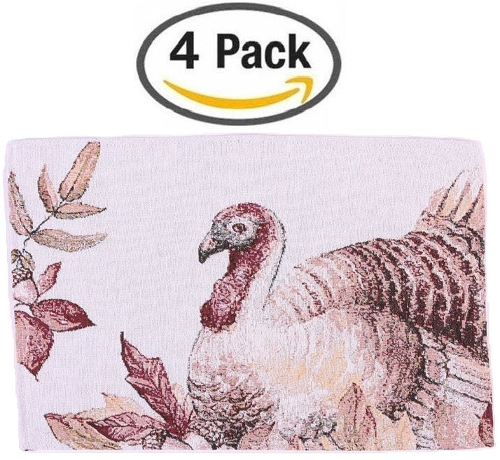 Happy Thanksgiving - Fall Harvest Tapestry, Burgundy Turkey And Colorful Flowers Decorative Place Mats