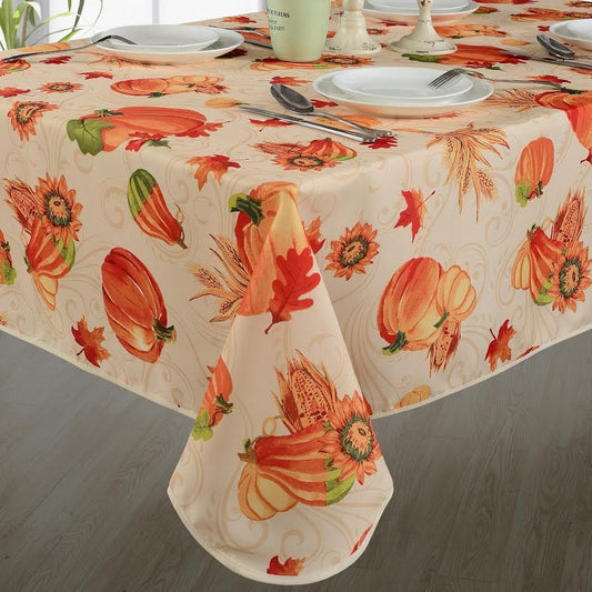 European Polyester Tablecloths - Fall Harvest Pumpkins And Corn With Autumn Leaves And Sunflowers Tablecloths