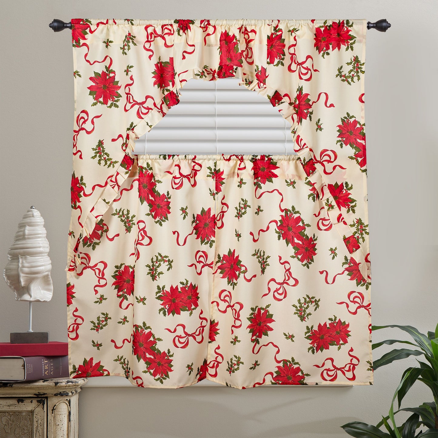 Decorative Christmas Printed Poinsettia Floral Decorative Window Treatment Rod Pocket Kitchen Window Curtain Panel Tiers and Swag Valance