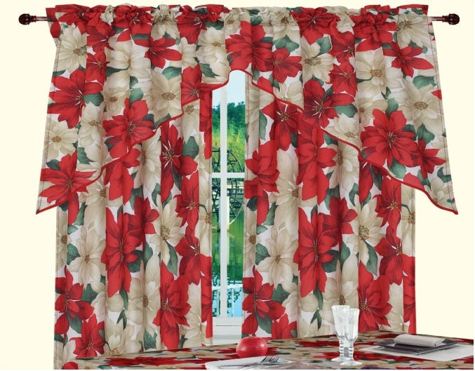 Decorative Christmas Printed Poinsettia Floral Decorative Window Treatment Rod Pocket Kitchen Window Curtain Panel Tiers and Swag Valance