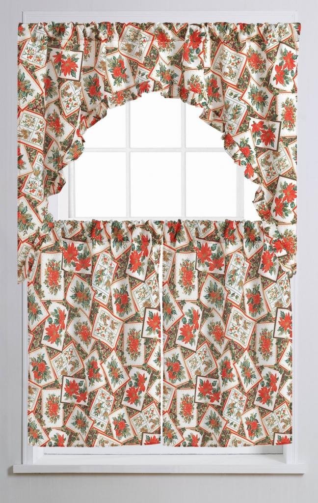 Decorative Christmas Printed Poinsettia Floral Decorative Window Treatment Rod Pocket Kitchen Window Curtain Panel Tiers and Swag Valance