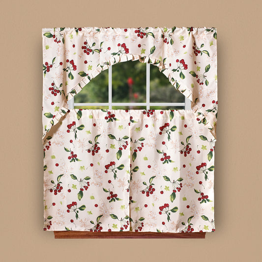 European Kitchen Cherries Vintage Decorative Window Treatment Rod Pocket Kitchen Window Curtain Panel Tiers and Swag Valance